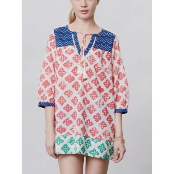 Anthropologie Tops - Anthropologie MERMAID Printed Tunic size XS Cover Up Notch Neck Tassels